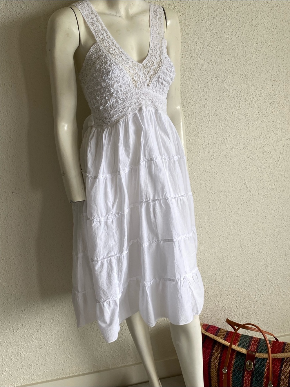 Trishna White Cotton Crochet Lace Tiered Midi Dress Cottagecore XS